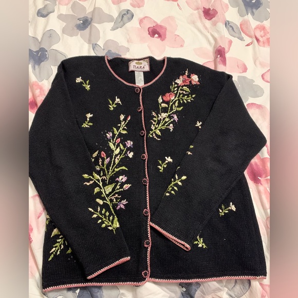 Tiara Sweaters - Tiara Black Floral Embroidered Cardigan Grandmacore Sweet Cute Medium